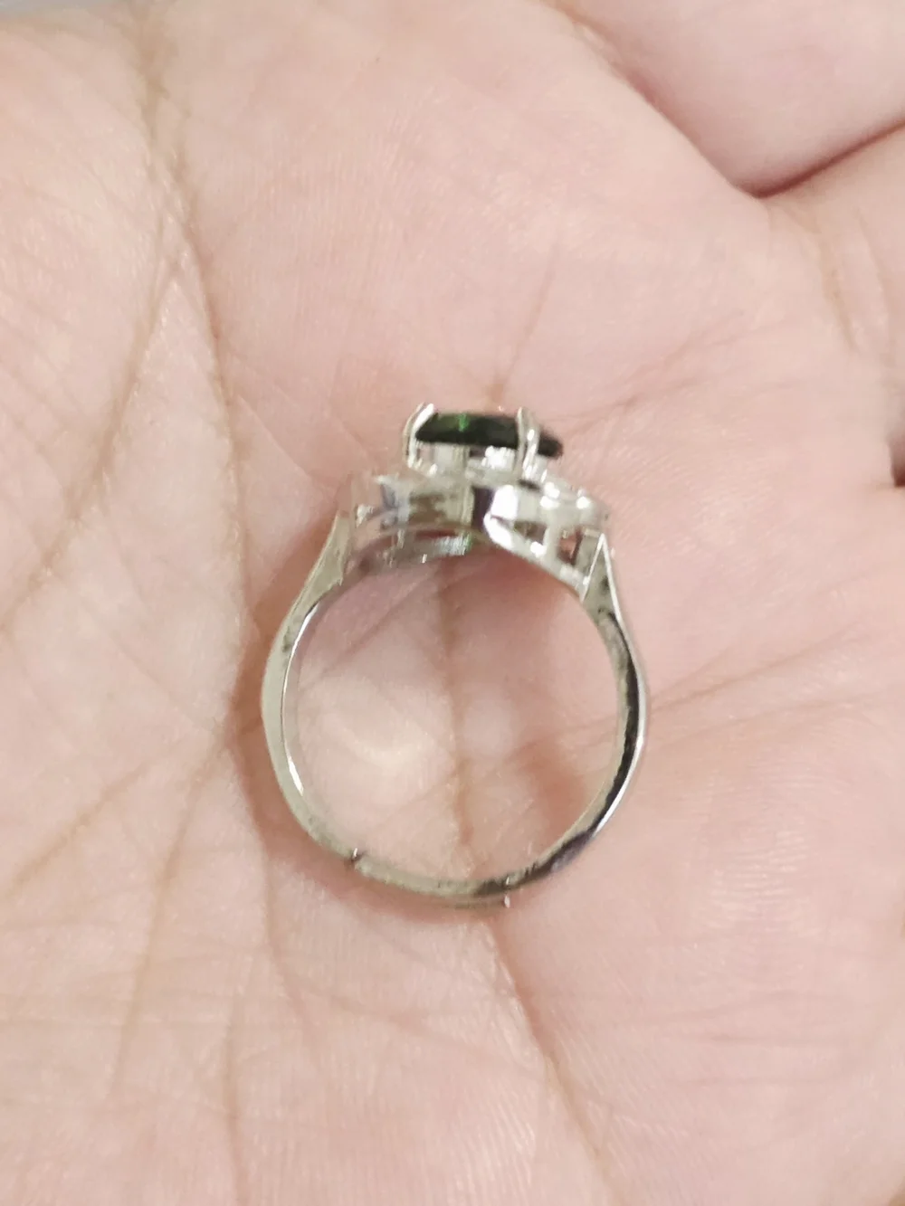 White Gold Plated Ring with Emerald Green Center Stone